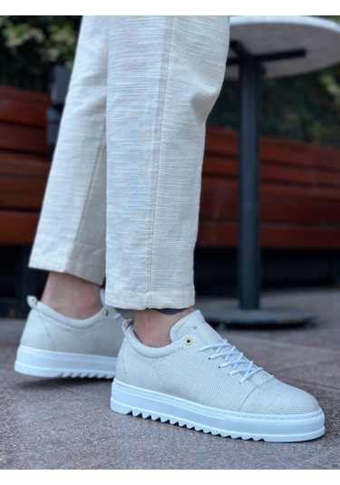 Pabucmarketi Bağcıklı Keten Erkek Ayakkabı Krem Beyaz Taban Renkli