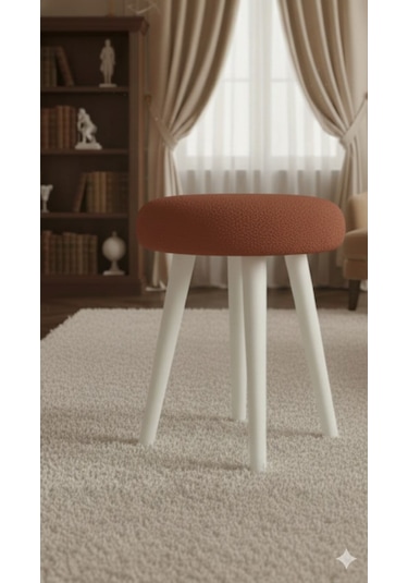 Gürgen Ahşap Retro Ayak Dekoratif Beyaz Pelüş Puf Tabure Kiremit