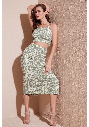 Lela Slim Fit Ip Askılı Yırtmaçlı Midi Alt-Üst Bayan Takım 5865726 Olive