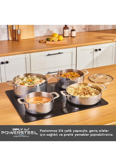 Karaca Power Steel 316+ 3ply Apollo İndüksiyon Tabanlı 8 Parça Çelik Tencere Seti Gümüş