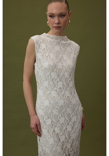 Sateen Dantel Kolsuz Elbise - Bej-137061 Bej