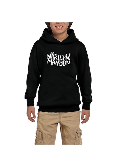 Marilyn Manson Iconic Text Siyah Çocuk Kapşonlu Sweatshirt Siyah