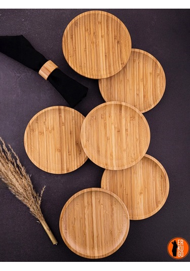 6'lı Bambu Yuvarlak Sunum Tabağı, Servis Tabağı, 20x20 Cm