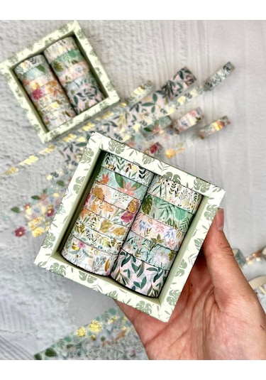 Kare Vintage Washi Tape Bant Yapışkanlı Maskeleme Kağıdı Desenli Bant 12'li - Yeşil Çiçekler 1