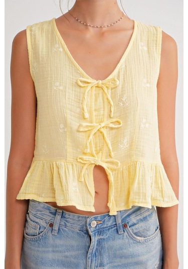 4724 Kadın Çicek Desenli Bağlamalı Müslin Bluz Sarı Sari