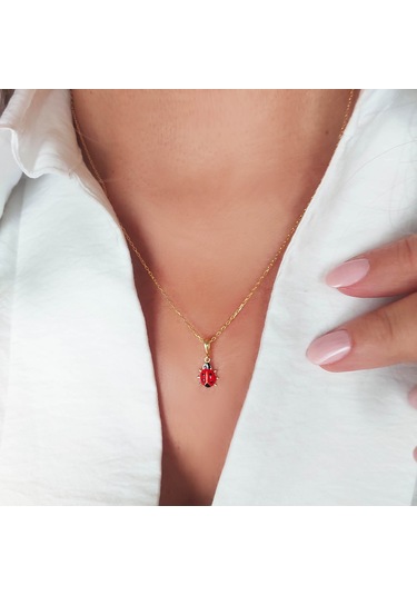 925 Ayar Gümüş Kırmızı Uğur Böceği Kolye Gold