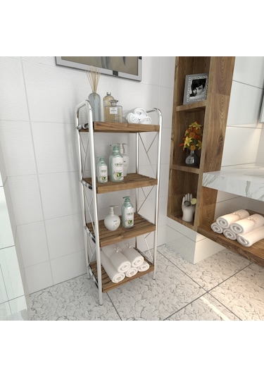 Sahra Krom 4 Katlı Ahşap Raf Banyo Köşe Rafı Düzenleyici Organize Krom
