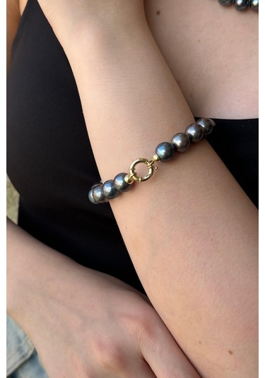 10,5 Mm Siyah İnci Bileklik 20 Cm / Sarı Sarı Sarı Altın