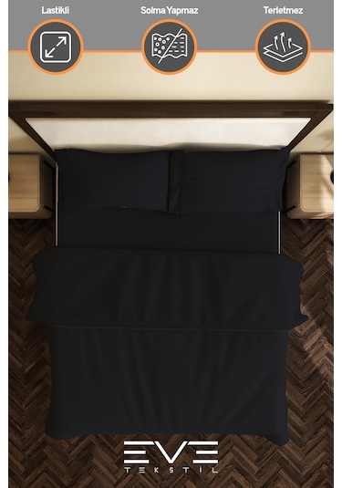 Eve Tekstil %100 Pamuk Ranforce Çarşaflı Yastık Ve Yorgan Kılıflı Çift Kişilik Nevresim Takımı 200x220 Cm Siyah
