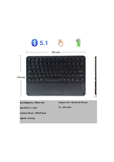 Bluetooth Klavye Tablet İçin Uyumlu Şarjlı-touchpadli-rgb