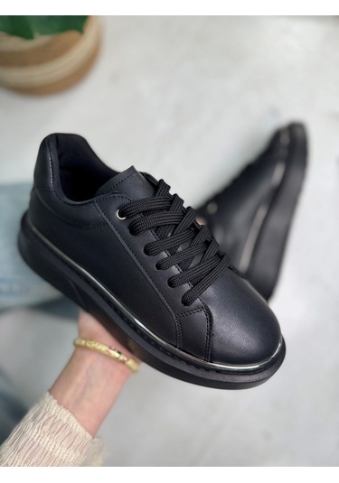 Günlük Kadın Spor Ayakkabı Bağcıklı Hafif Kalın Yüksek Taban Yürüyüş Sneaker 2135 Siyah