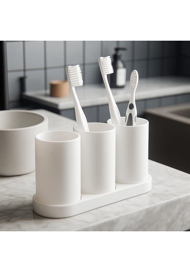 Beyaz 3 Bölmeli 3d Baskı Diş Fırçası Organizeri Banyo Düzenleyici Sert Plastik Beyaz