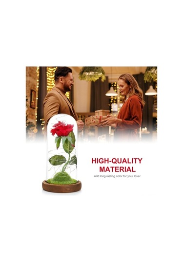 Ulzyvf Led Işıklı Ahşap Tablalı Dekoratif Cam Kubbeli Suni Gül - Romantik Hediye