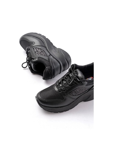 F-185 Siyah Günlük Bağcıklı Taş Aksesuarlı Yazlık Spor Ayakkabı Siyah