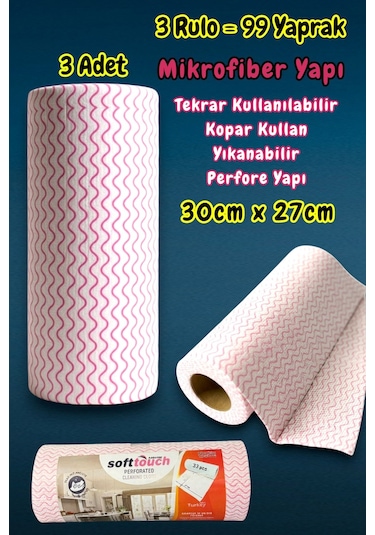 Technow Softtex 33 Yaprak Kopar Kullan Rulo Hassas Temizlik Bezi 27x30cm 3 Adet Pembe