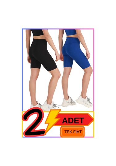 Kadın Yüksek Bel Toparlayıcı Şort Tayt Siyah & Mavi 2'li Paket Lycralı Biker Shorts 21070 Siyah - Mavi