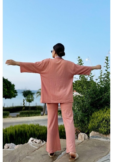 İpli Somon Renk Cep Detaylı Bol Paça Kimono Takım Somon