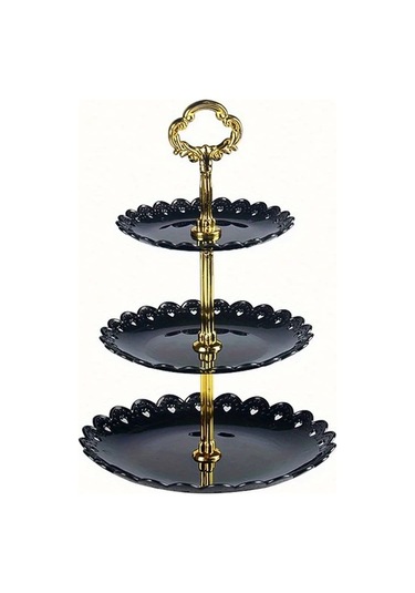 Dashanshop Ruffle Siyah Tek Parça 3 Katlı Porselen Kek Standı Kaymaz Tabanlı Dantel Desenli