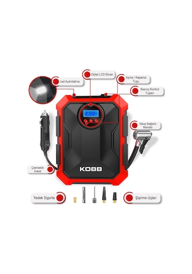 Kobb KB200 12 V 150 PSI Ayarlanabilir Dijital Basınç Göstergeli Hava Lastik Şişirme Pompası