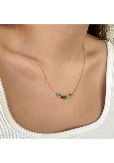 Vintage Renkli Taşlı Çelik Kolye Altın