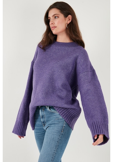 Lela Regular Fit Bisiklet Yaka Basic Triko Bayan Kazak 4616213 Mor