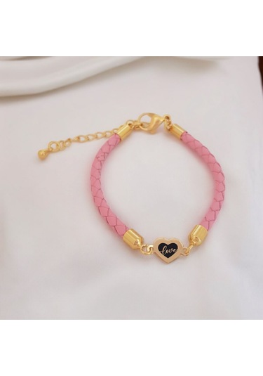 Archin Aşk Temalı 14 Ayar Altın Plakalı Pembe Derili Kalp Figürlü Hediye Bileklik-473sembol Aşk