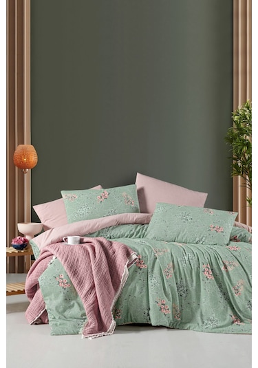 Lastikli Çarşaflı Tek Kişilik Nevresim Takımı Green Yeşil Somon