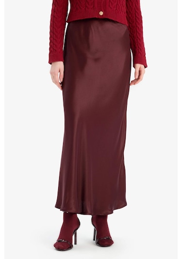 DeFacto A Kesim Normal Bel Saten Midi Etek B1867AX25SPBR234 Bordo