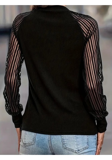 Modaserdem Kadın Uzun Kollu Tül Detaylı Bisiklet Yakalı Kaşkorse Bluz Siyah