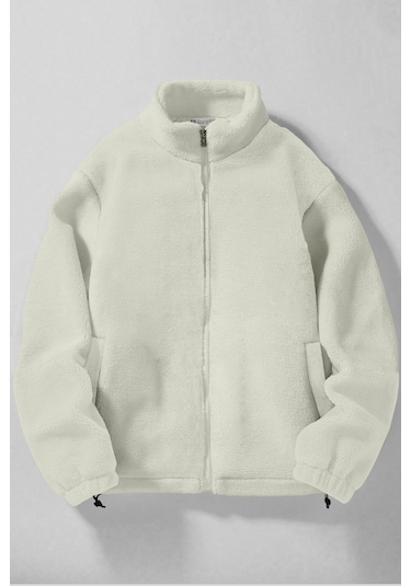 Ghassy Co. Erkek Alaska Regular Peluş Sherpa Kışlık Tam Fermuarlı Polar Sweatshirt Ekru