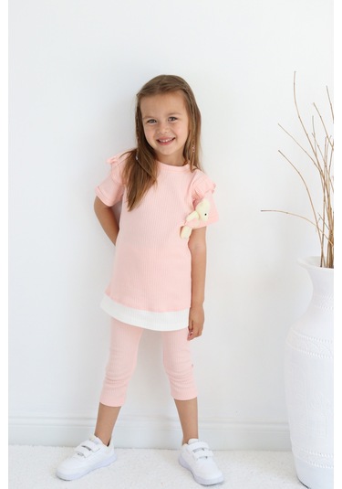 Kız Çocuk Ayıcık Oyuncaklı Kaprili Yazlık Basic Takım 2-5 Yaş Somon