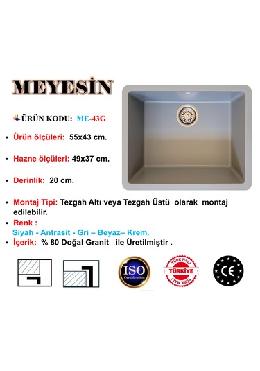 Meyesin ME-43G Tezgah Altı Granit Mutfak Eviyesi Gri 43 x 55 CM