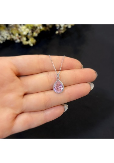 Stela Pembe Kuvars Damla Gümüş Kolye