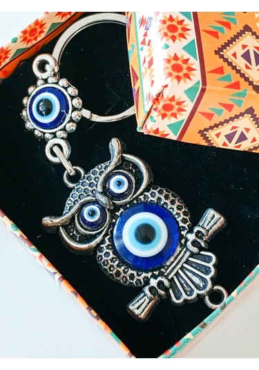 Moncuk Design Baykuş Şekilli Üzeri Cam Göz Süslemeli İnce İşlemeli Metal Anahtarlık