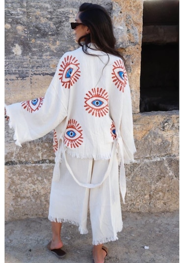Elif Towels Ekru Renk Taş Baskı Pantolon Ve Kimono Kaftan Seti Ekru