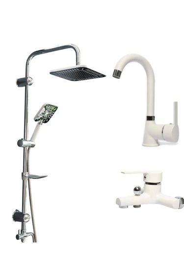 Faumix St32 Beyaz Banyo Lavabo Bataryası Yağmurlama Tepe Duş Seti Beyaz