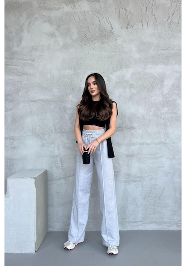 Kadın Mevsimlik Salaş Geniş Paça Yüksek Bel Gri Eşofman Altı Cmrb102 Gri
