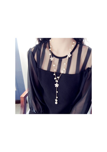 İnci Beş Yapraklı Çiçek Uzun Kolye Kadın Püskül Uzun Kazak Zinciri Beyaz Çok Renkli