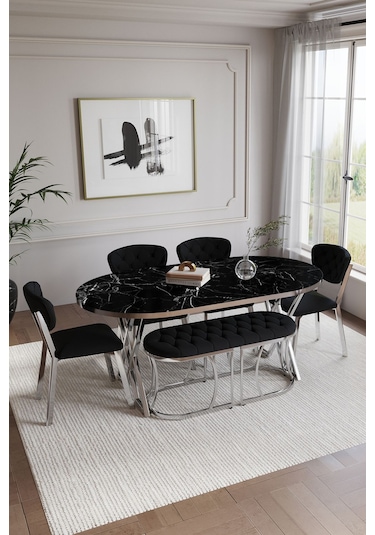 Mutfak Masası Takımı 6 Kişilik Masa Takımı Elma Avangarde Yemek Masa Takımı Benchli Gümüş
