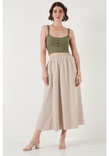 Lela Modest Pamuk Ve Keten Karışımlı Yüksek Bel Cepli Uzun Kiloş Tesettür Bayan Etek 668Yp4443 Taş