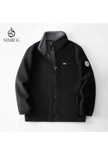 Polar Astarlı, Kalınlaştırılmış Çift Taraflı Polar Sıcak Günlük Bol Erkek Ceketi Siyah