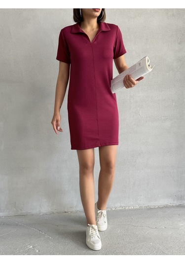 Kadın Polo Yaka Soft Touch Elbise Bordo