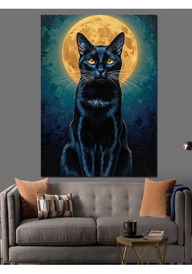 Kara Kedi Silüeti Gece Dekoratif Kanvas - Mdf Ahşap Tablo
