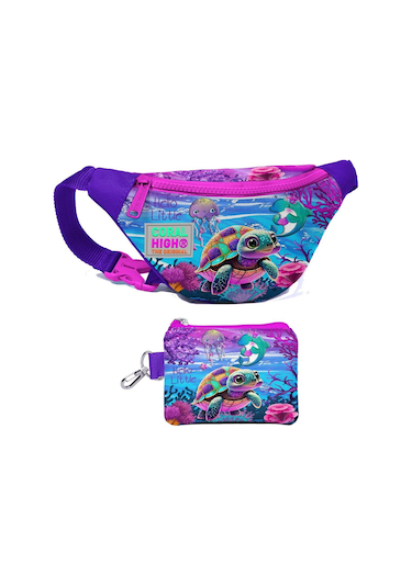 Coral High Kız Çocuk Pembe Mor Kaplumbağa Desenli Bel Çantası Ve Bozuk Para Cüzdanı Set Çok Renkli
