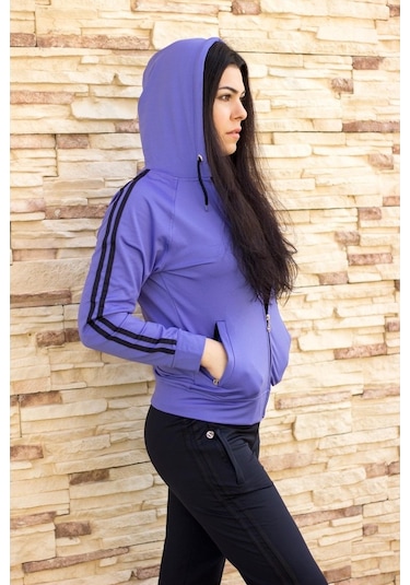 Kadın Lila Iki Şeritli Biyeli Fermuarlı Kapüşonlu Spor Eşofman Ta