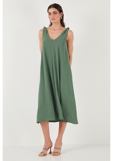 Lela Oversize Fit V Yaka Midi Boy Basic Bayan Elbise 6788688 Haki