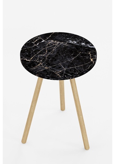 İntergo Yuvarlak Ahşap Ayaklı Tekli Zigon Yan Sehpa Siyah Mermer