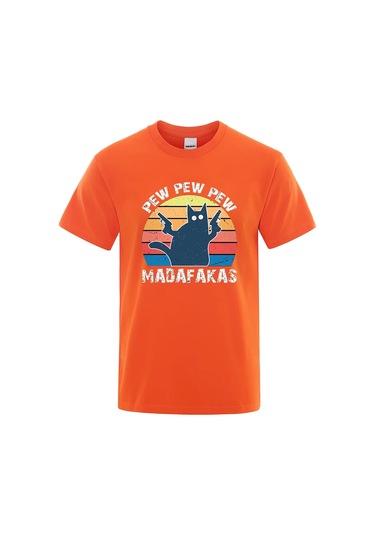Teekossc Pew Pew Madafakas Erkek Kısa Kollu Komik Kedi T-shirt Vintage Yazlık Ekip Üstü Streetwear Chınaturkuaz Turkuaz