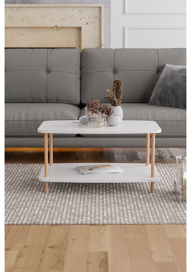 Orta Sehpa Ahşap Ayaklı Sehpa İki Raflı Sehpa-beyaz