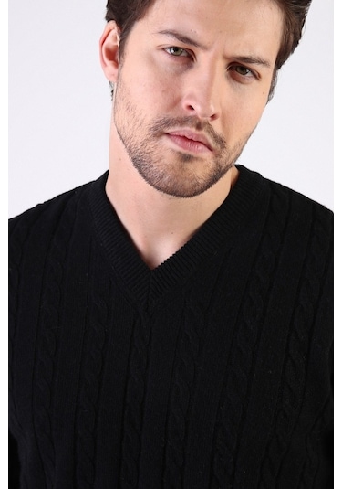 Ferraro Siyah V Yaka %100 Kuzu Yünü Erkek Kazak Siyah